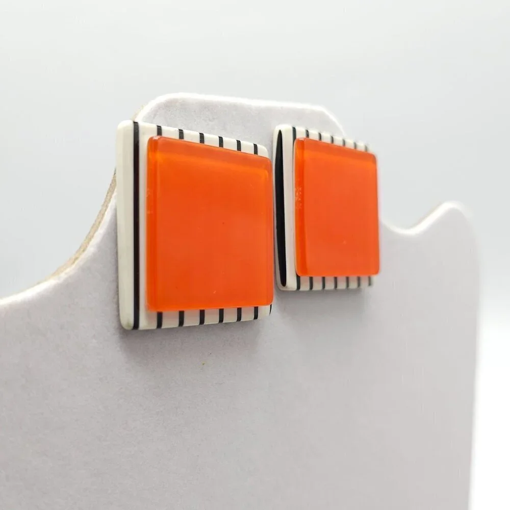 Vintage Orange Black Striped Acrylic Square 1980s Clip-On Earrings